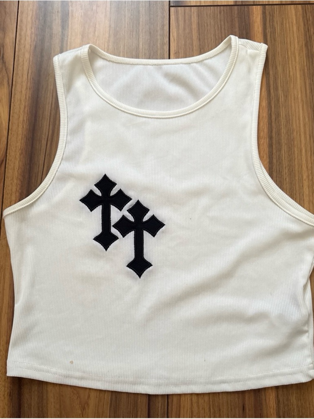 White Ribbed Tank Top with Black Cross Patch